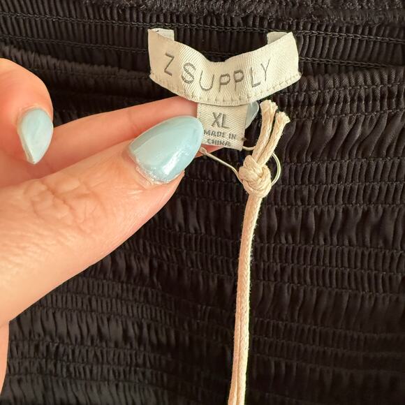 Z SUPPLY Black Wildes Black Satin Tiered skirt Smocked Midi Dress Long Sleeve XL - Picture 7 of 8